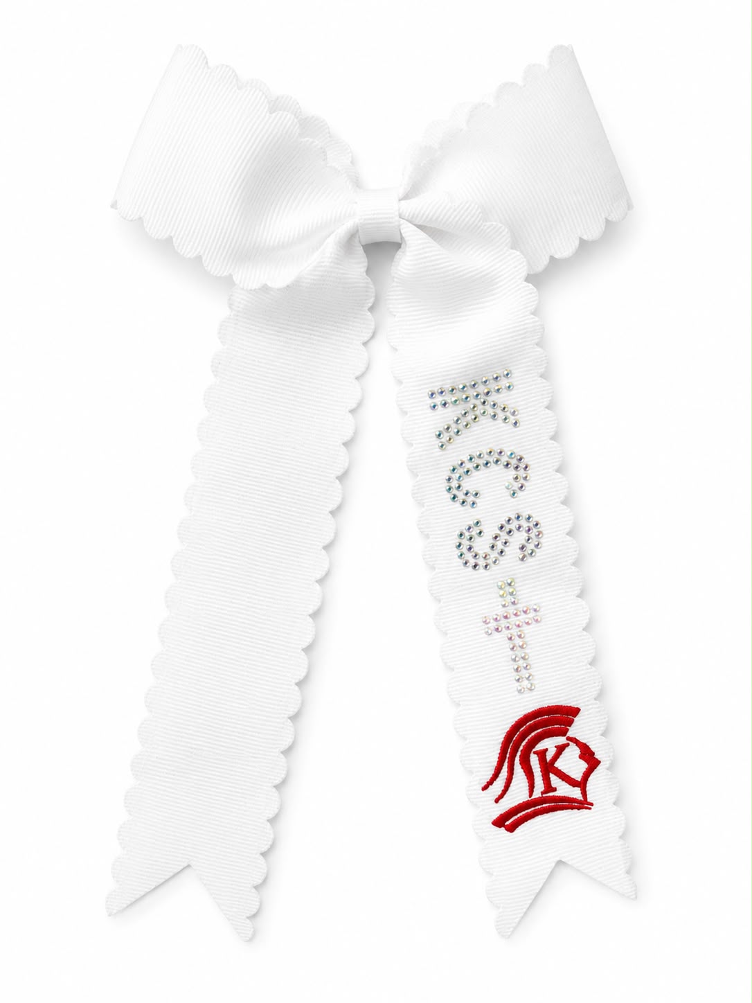 White Scalloped streamer bow with embroidery and rhinestone.