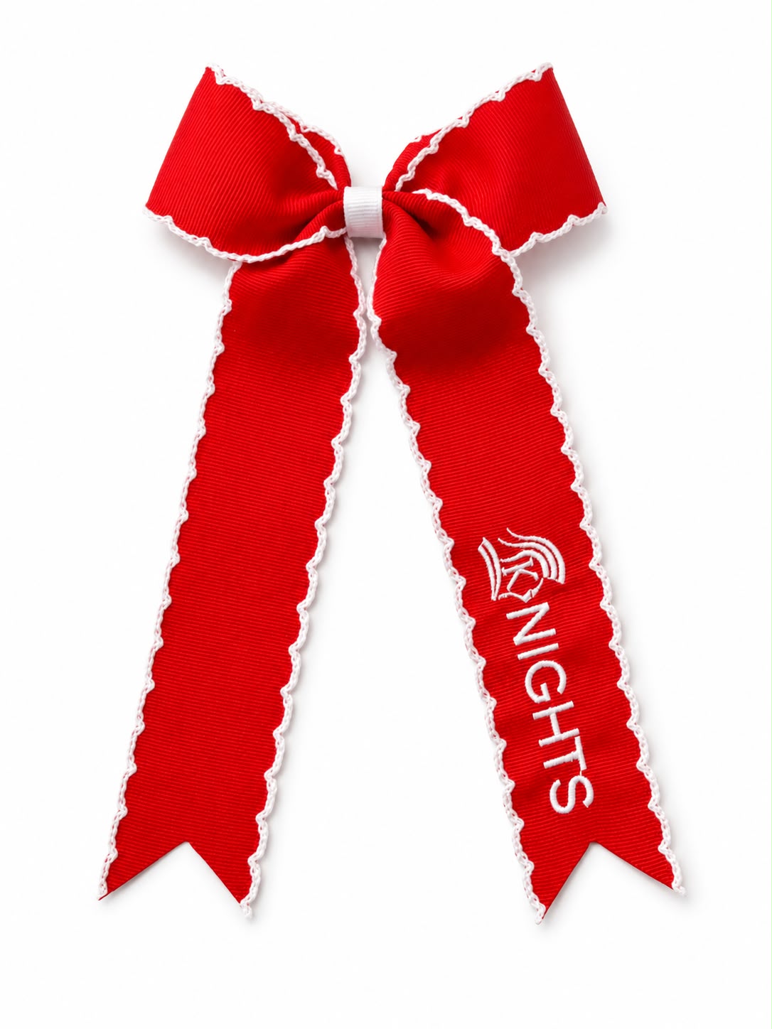 Red picot edge streamer bow with embroidery.
