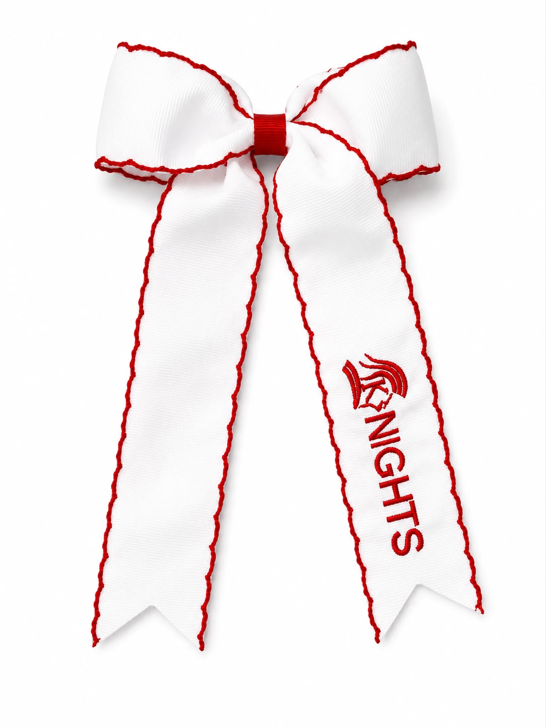 White picot edge streamer bow with embroidery.