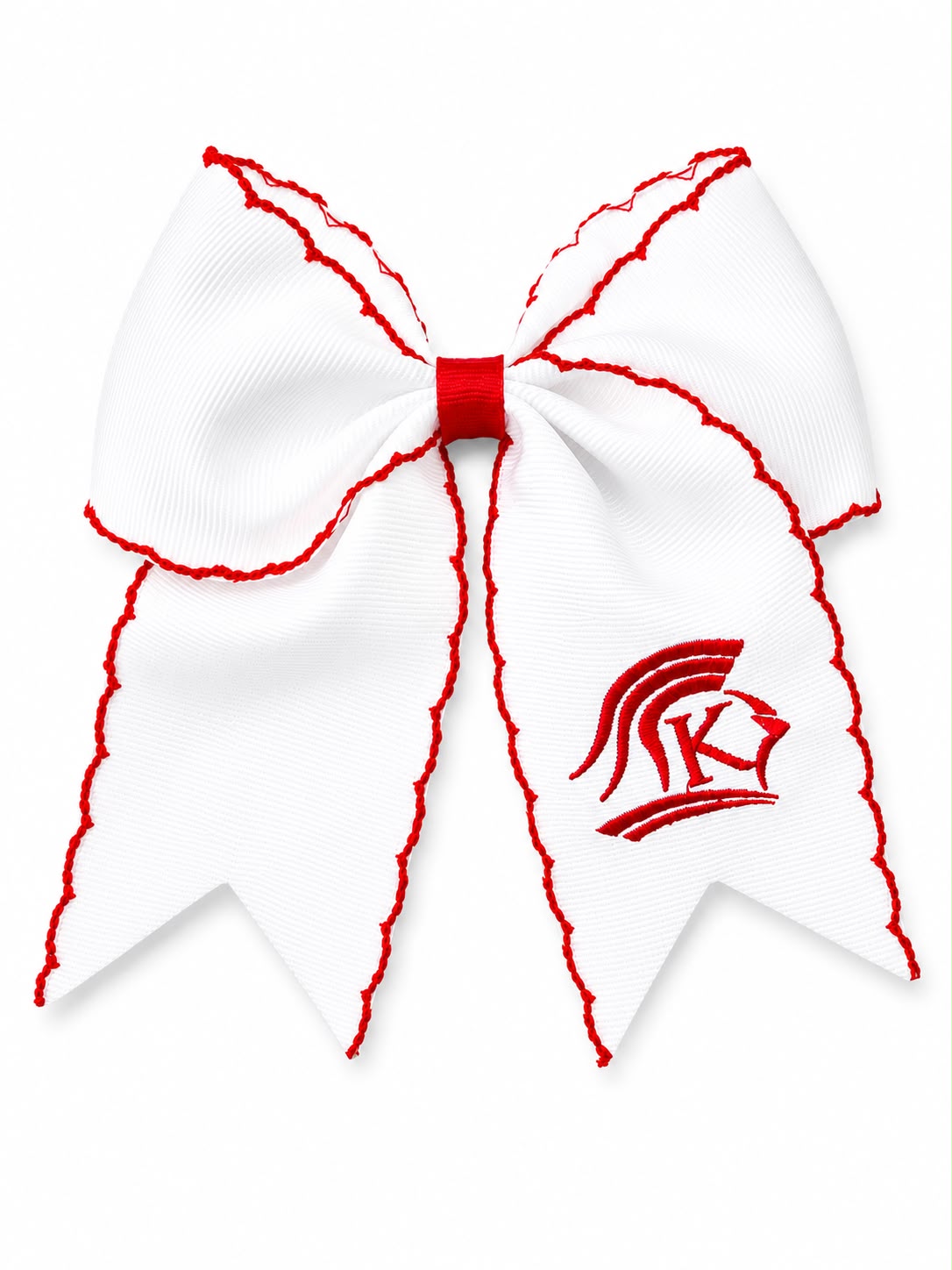 Small white picot edge streamer bow with embroidery.