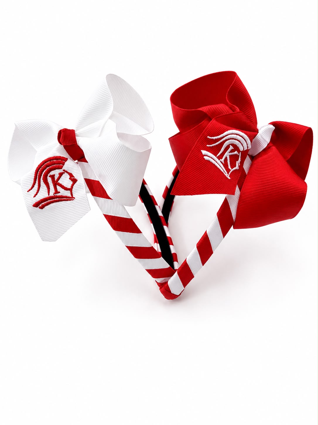 Boutique small woven headband - candy cane style with 2 embroidered bows.
(Includes 1 headband and 2 bows)