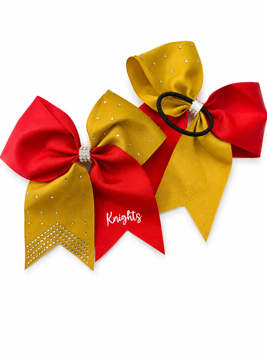 Red and Gold ponytail bow with embellishments.
Clearance