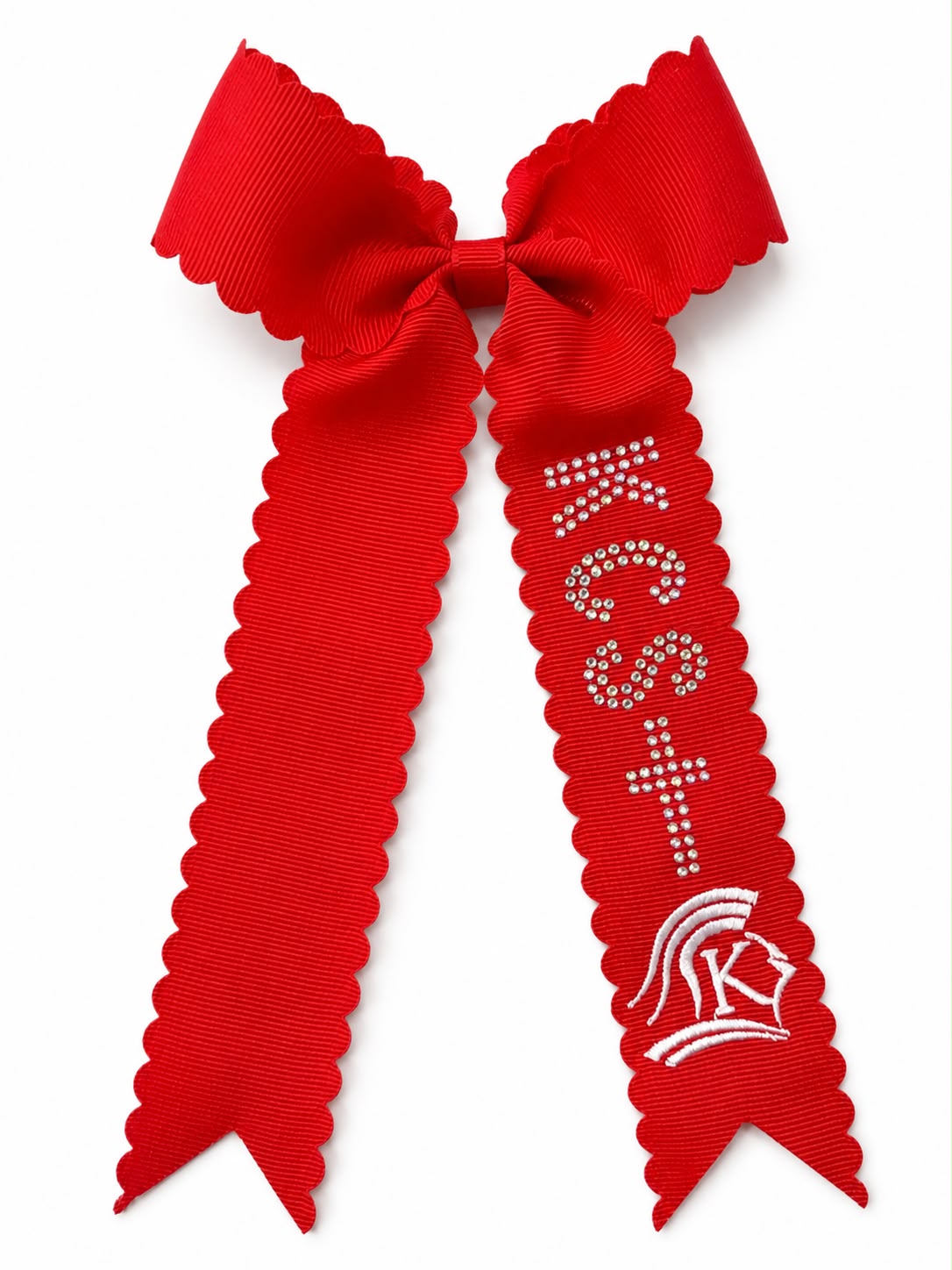 Red Scalloped streamer bow with embroidery and rhinestone.