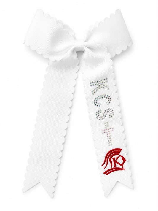 White Scalloped streamer bow with embroidery and rhinestone.