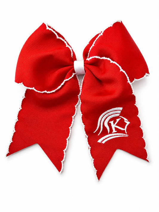 Small Red picot edge streamer bow with embroidery.