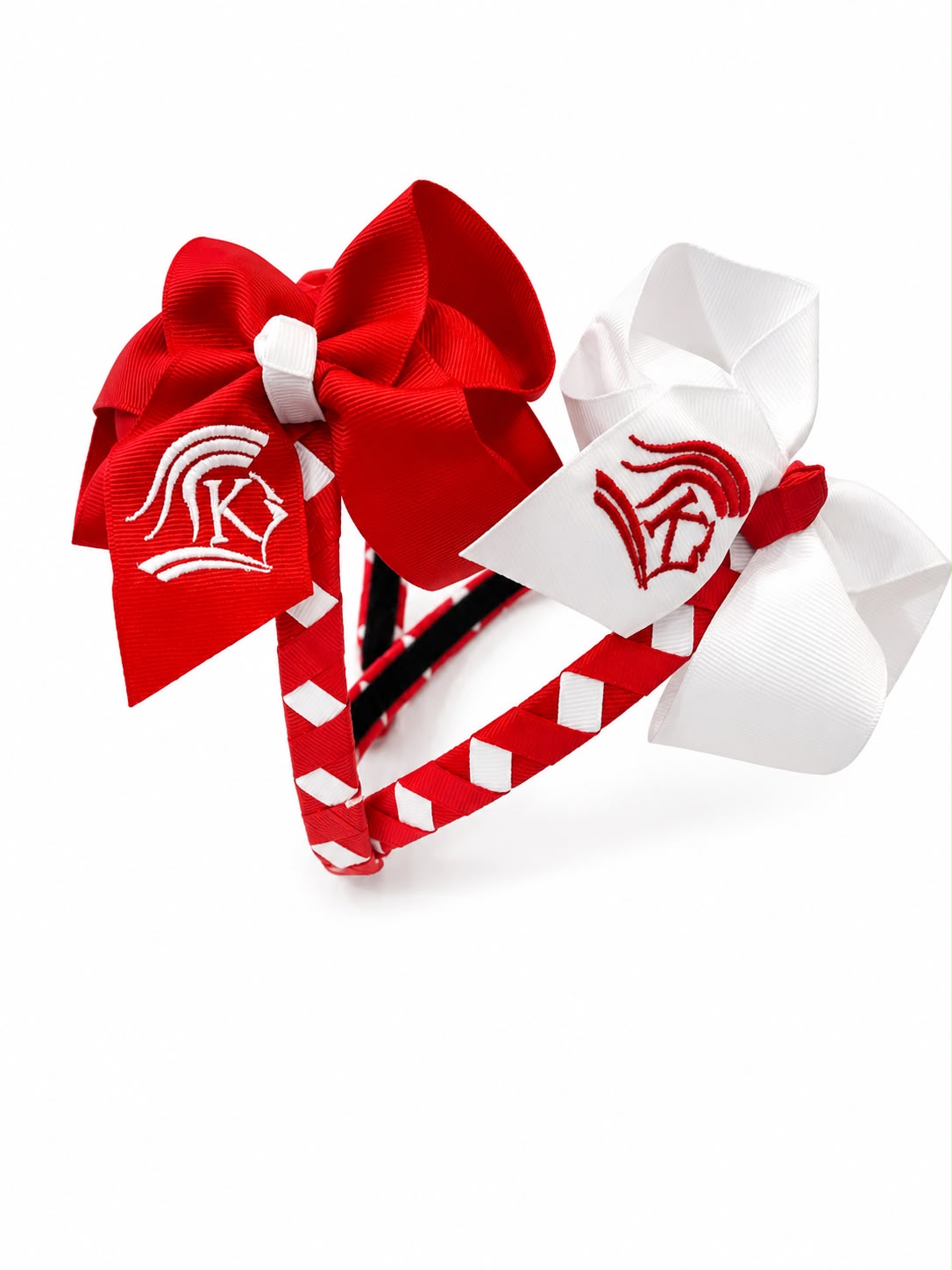 Boutique small woven headband - diamond style with 2 embroidered bows. 
(Includes 1 headband and 2 bows)