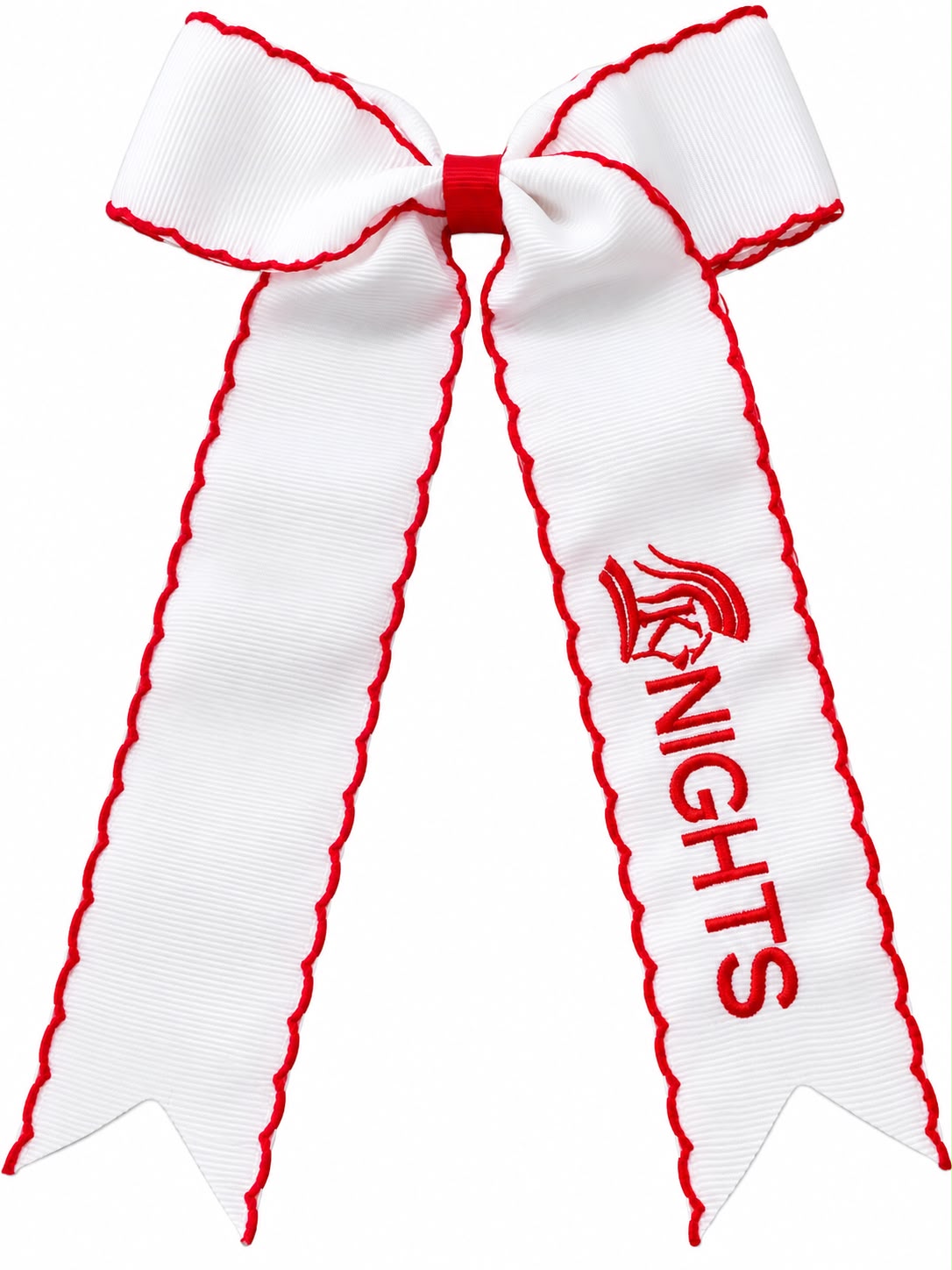 White picot edge streamer bow with embroidery.