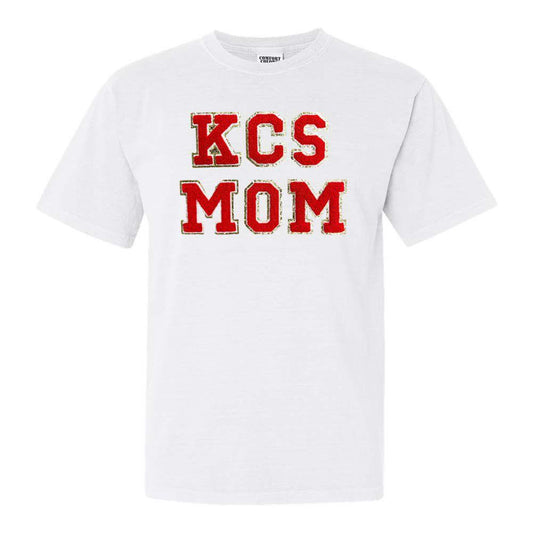 White KCS Mom T-Shirt with letter patches